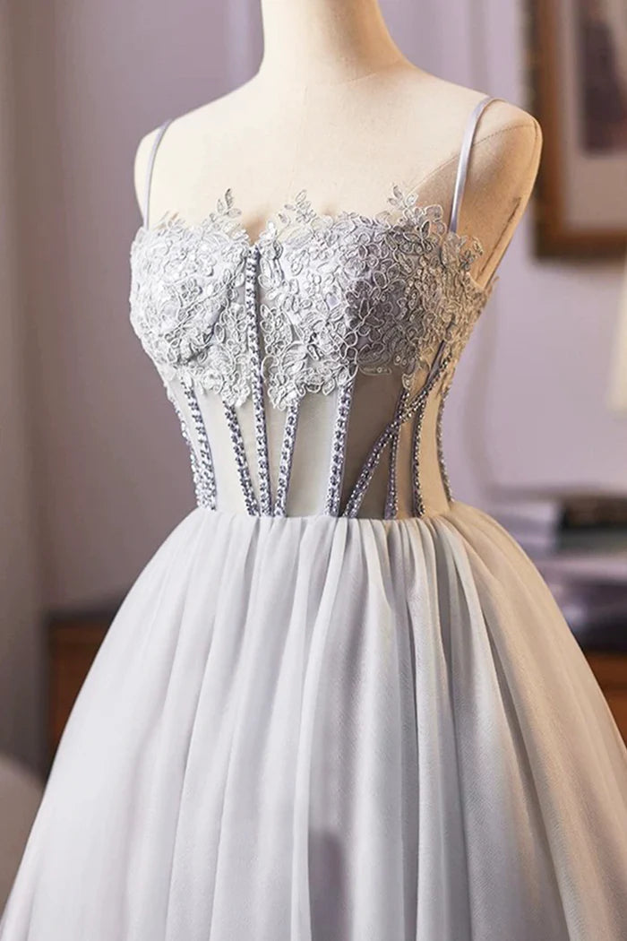 Cute Tulle Lace Short Prom Dress, Gray A-Line Homecoming Party Dress