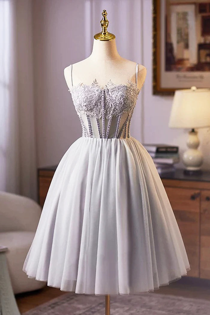 Cute Tulle Lace Short Prom Dress, Gray A-Line Homecoming Party Dress