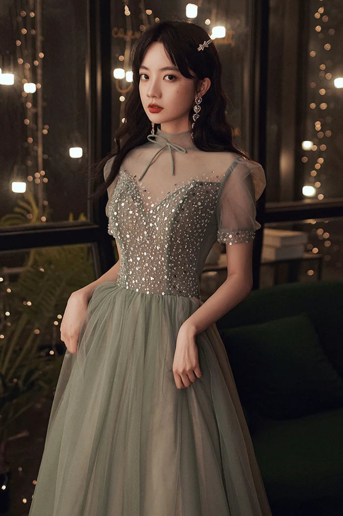 Cute Tulle Sequins Long Prom Dress, A-Line Short Sleeve Evening Party Dress