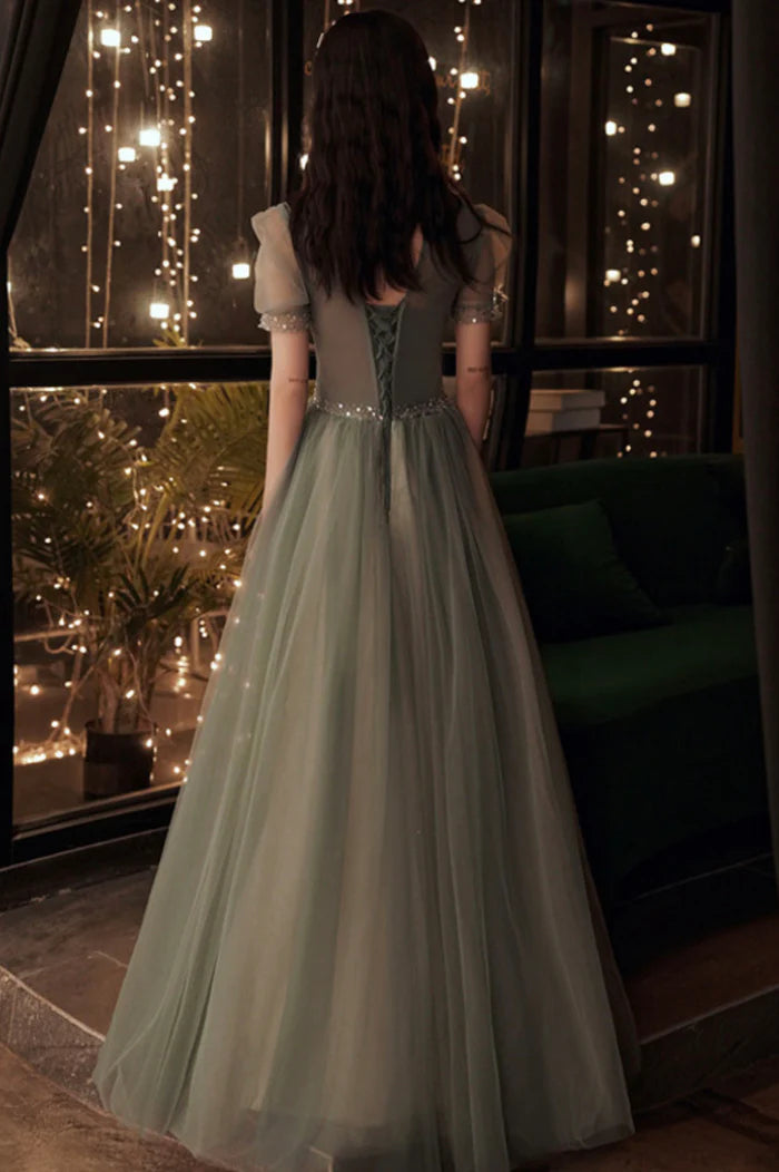 Cute Tulle Sequins Long Prom Dress, A-Line Short Sleeve Evening Party Dress