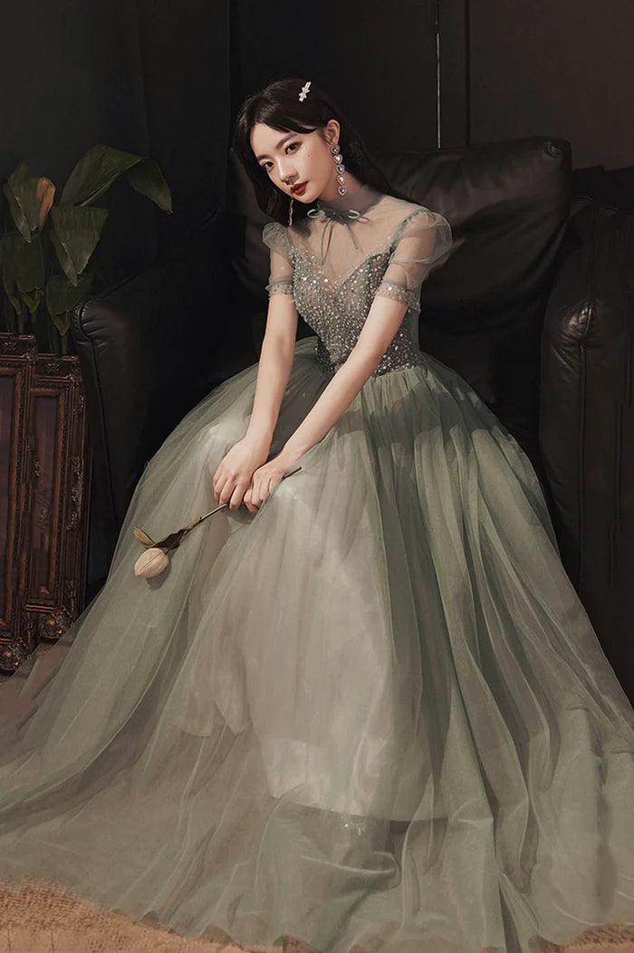 Cute Tulle Sequins Long Prom Dress, A-Line Short Sleeve Evening Party Dress