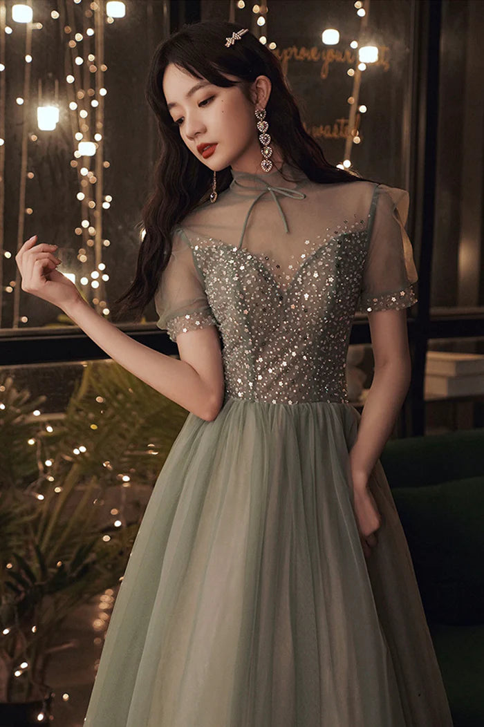 Cute Tulle Sequins Long Prom Dress, A-Line Short Sleeve Evening Party Dress