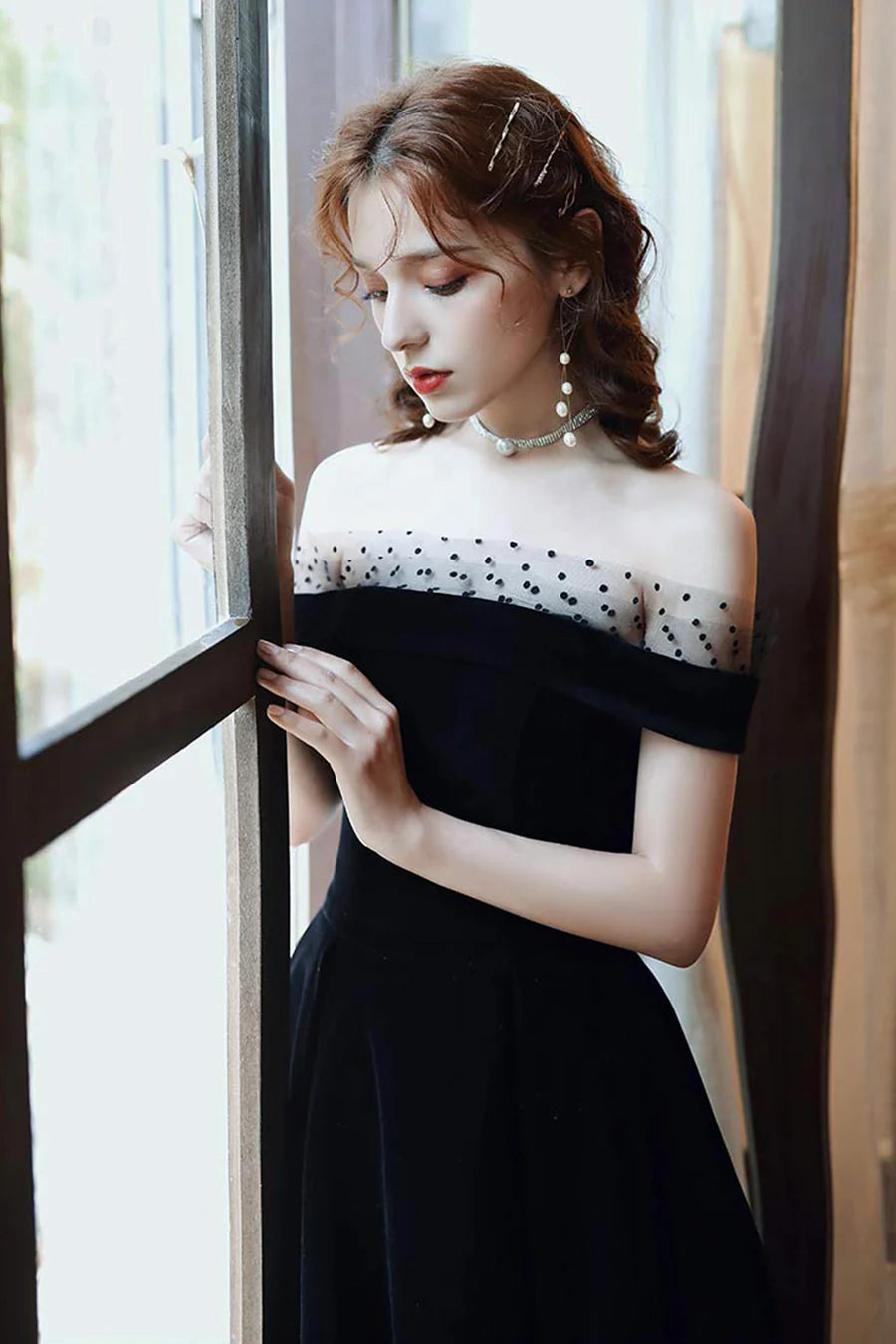 Cute Velvet A-Line Tea Length Prom Dresses, Black Party Dresses