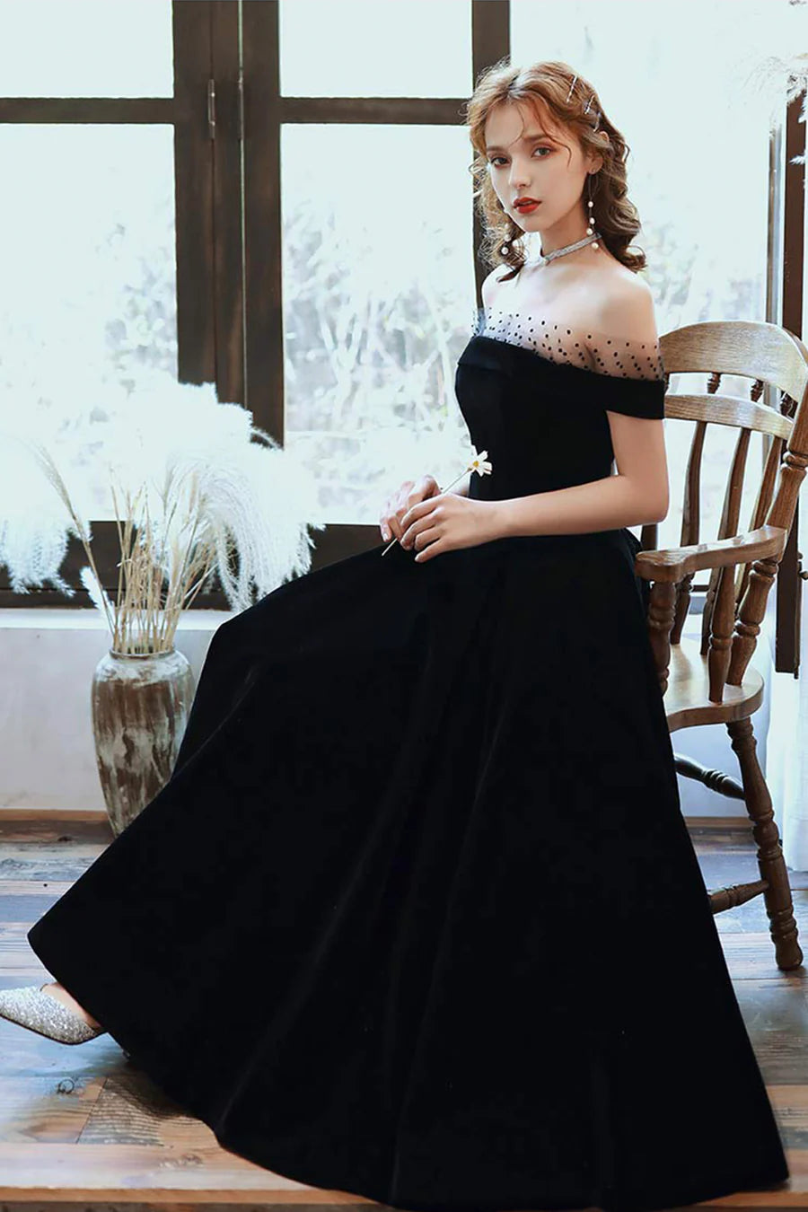 Cute Velvet A-Line Tea Length Prom Dresses, Black Party Dresses