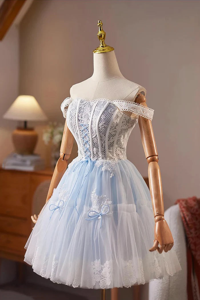Cute Tulle Lace Short Prom Dress, Blue A-Line Homecoming Party Dress