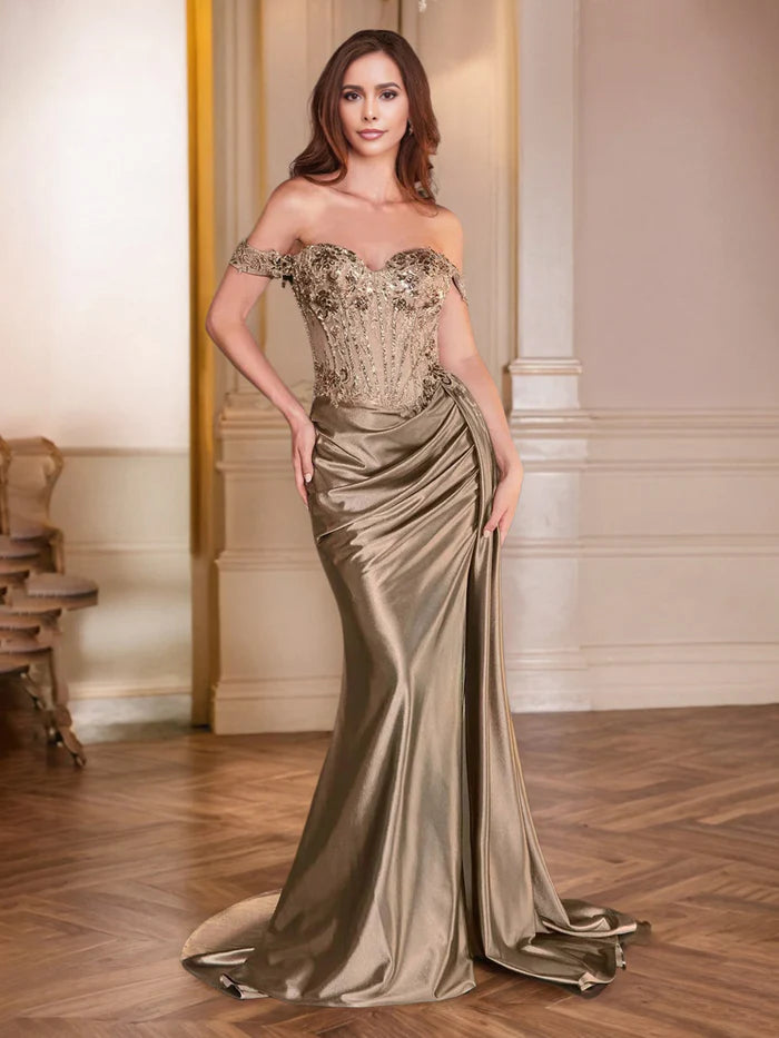 Mocha Prom Dress Off The Shoulder Sweetheart Sequins Appliqued Trumpet/Mermaid Prom Dress