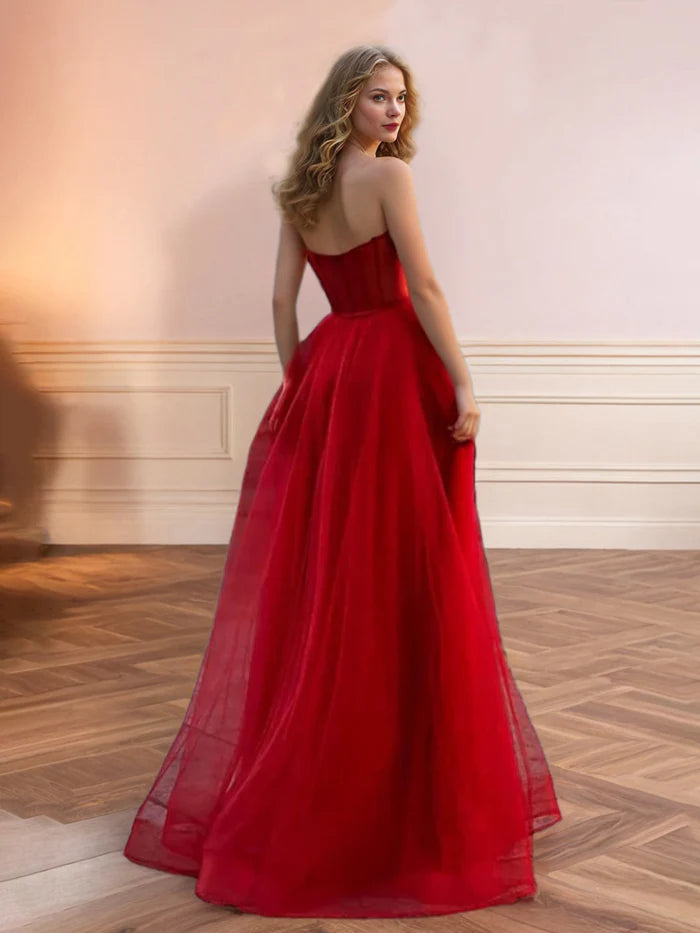 Red Party Dresses A Line Sweetheart Tulle Maxi Prom Dress