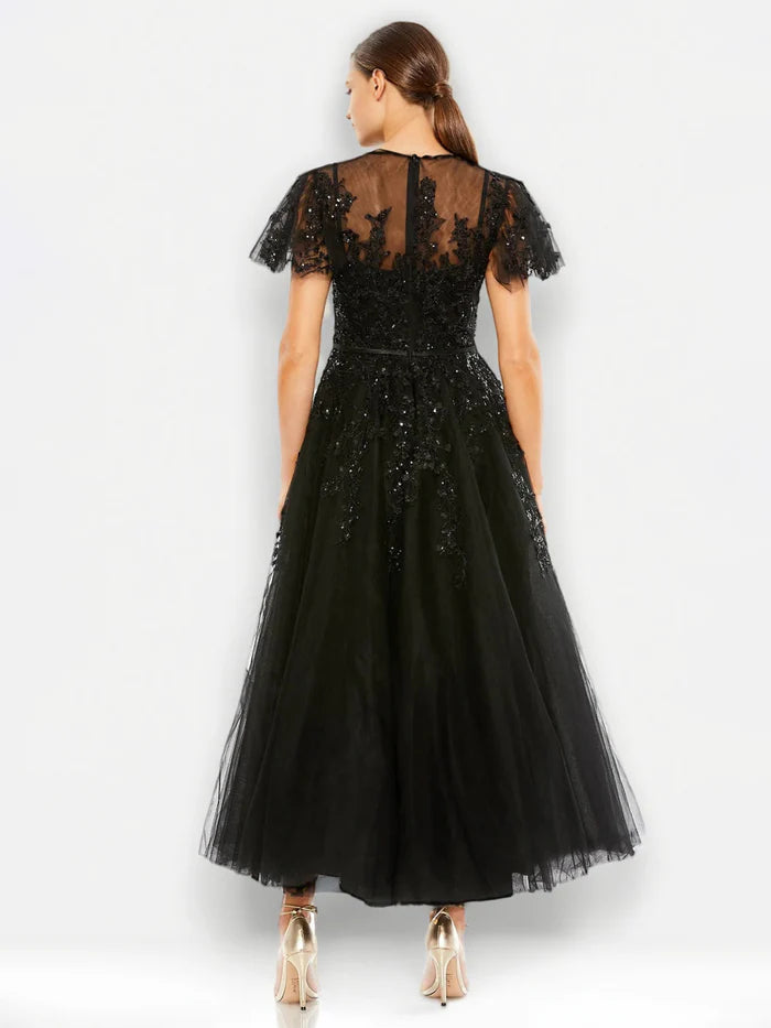 Black Evening Dresses A Line Short Sleeves Sparkly Lace Appliques Tulle Prom Dresses