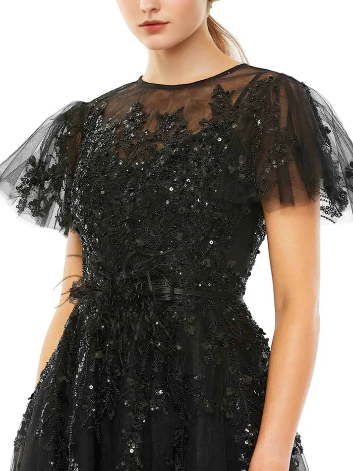 Black Evening Dresses A Line Short Sleeves Sparkly Lace Appliques Tulle Prom Dresses