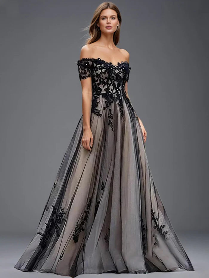 A Line Off The Shoulder Lace Appliques Black Tulle Lace Up Back Prom Dress
