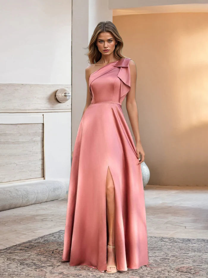 Watermelon Coloured Prom Dresses Elegant One Shoulder Bowknot A Line Prom Dresses