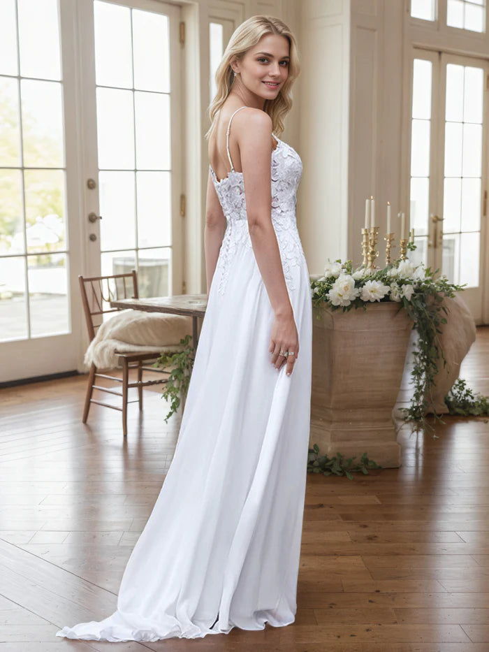 Ivory Prom Dress A-Line Spaghetti Straps Lace Bodice Chiffon Prom Dress