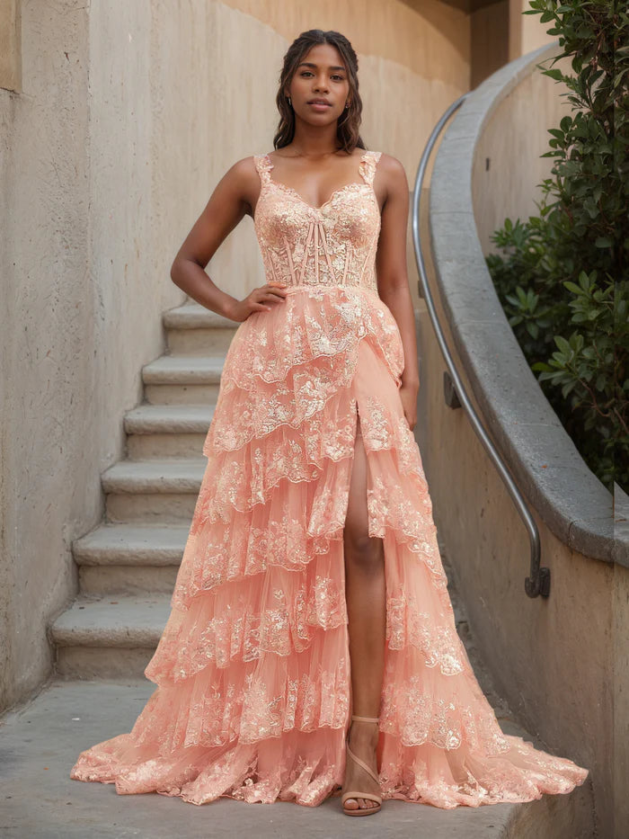 Coral Prom Dress A-Line Off the Shoulder Tiered Lace Prom Dress