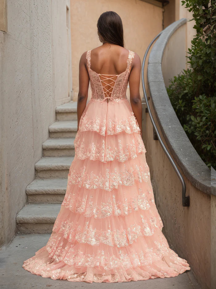 Coral Prom Dress A-Line Off the Shoulder Tiered Lace Prom Dress