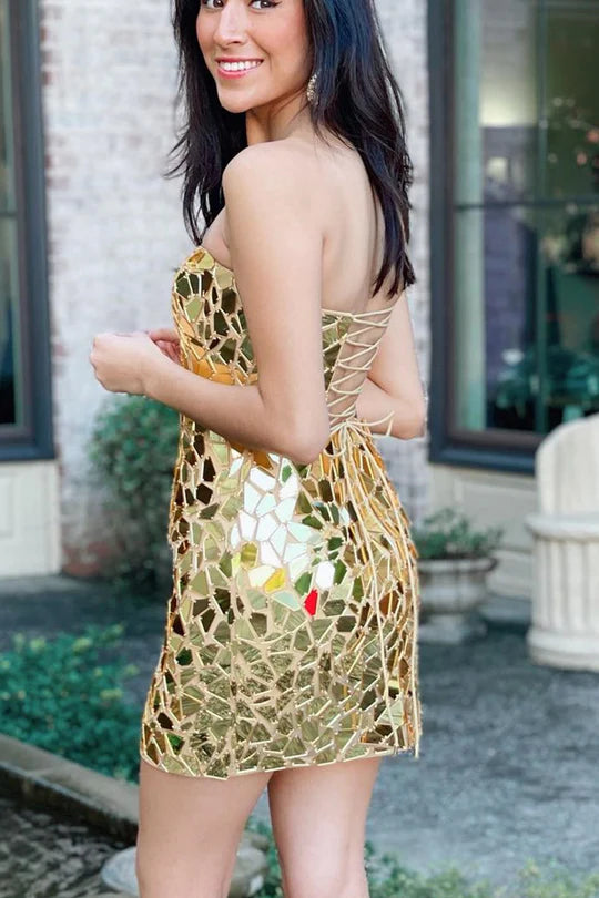 Cut Glass Mirror Strapless Lace-Up Mini Homecoming Dress