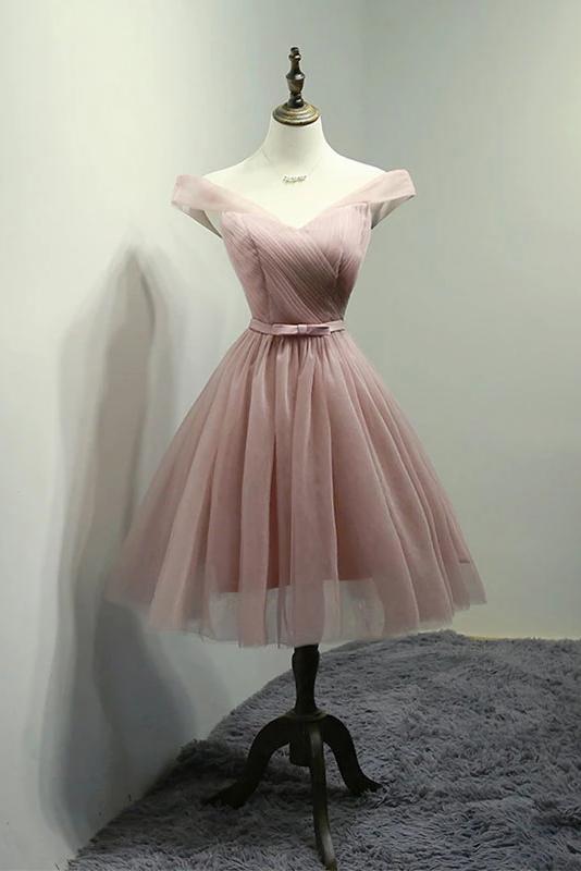 Dainty Dusty Pink Tulle A-line Off-the-shoulder Sweetheart Bow Sash Lace-up Back Mini Homecoming Dresses
