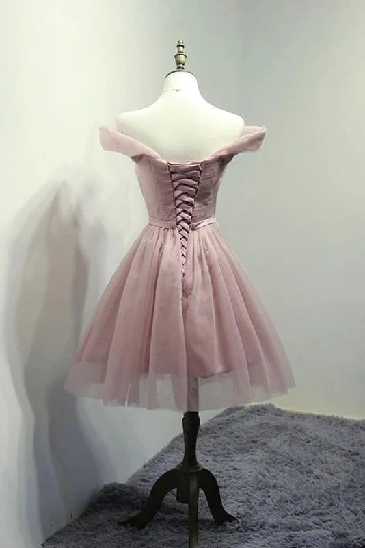 Dainty Dusty Pink Tulle A-line Off-the-shoulder Sweetheart Bow Sash Lace-up Back Mini Homecoming Dresses