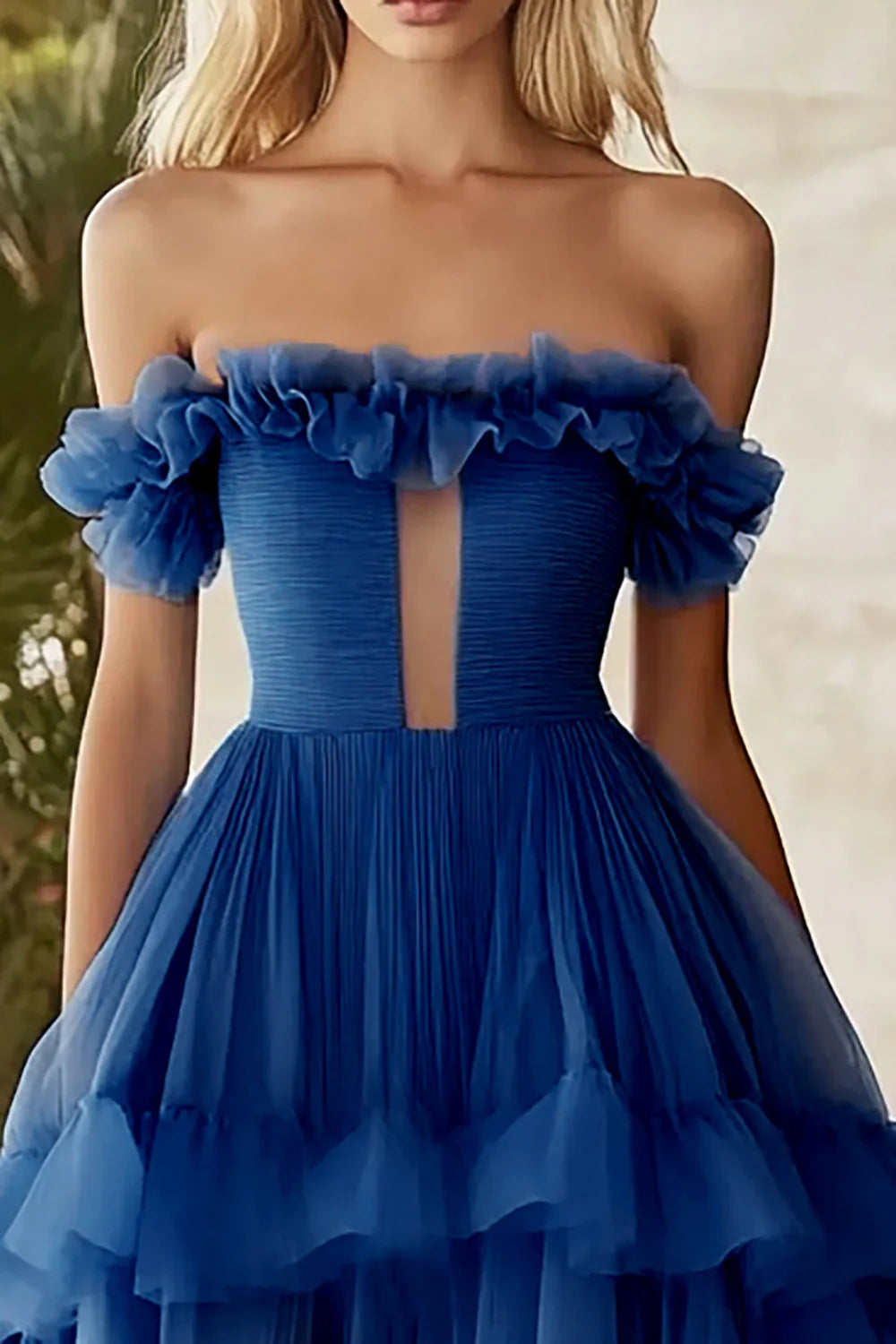 Dark Blue A Line Keyhole Long Tulle Formal Dress with Slit