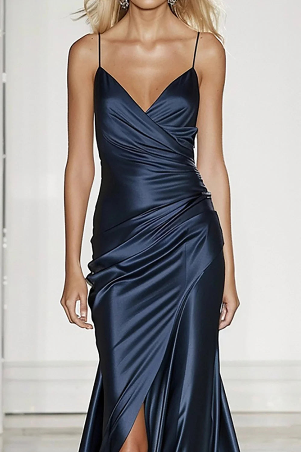 Dark Blue Satin Mermaid Long Formal Dress with Slit