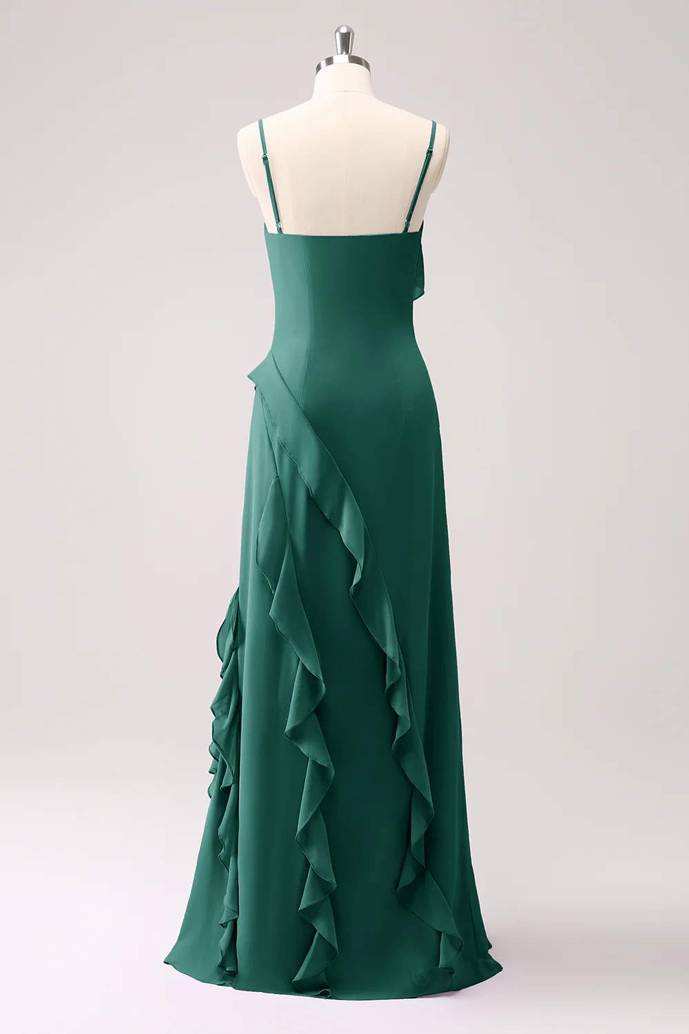 Chic Spaghetti Strap Evening Dress with Ruffle Trim and High Slit Detail