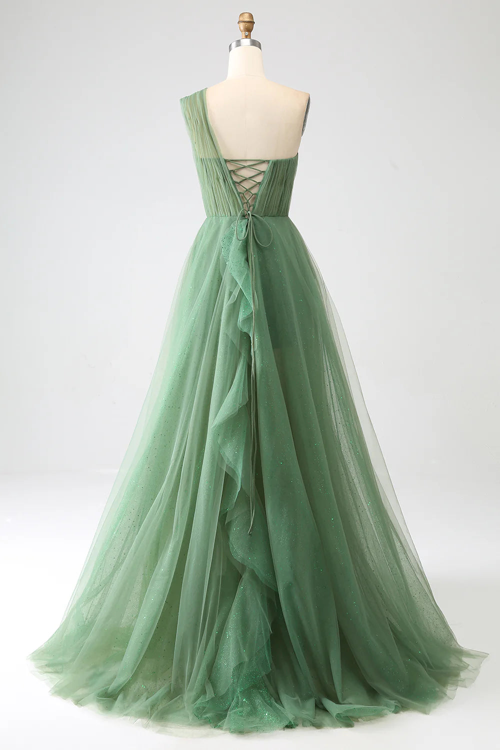 Dark Green A-Line One-Shoulder Long Tulle Prom Dress