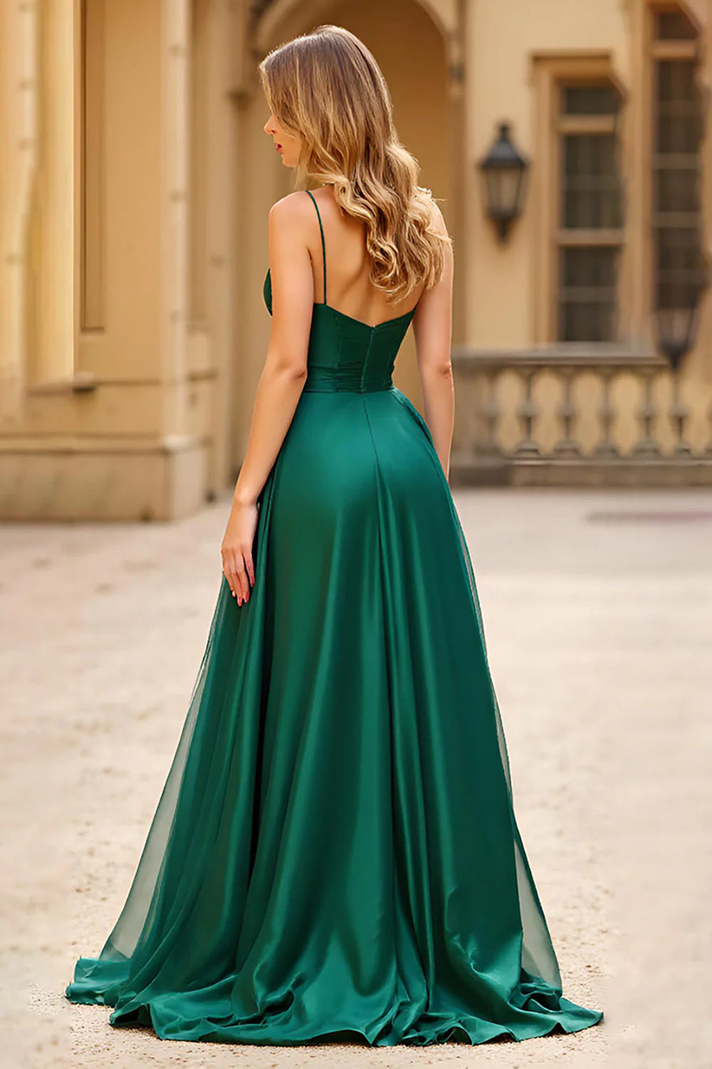Dark Green A Line Spaghetti Straps Long Satin Prom Dress with Slit