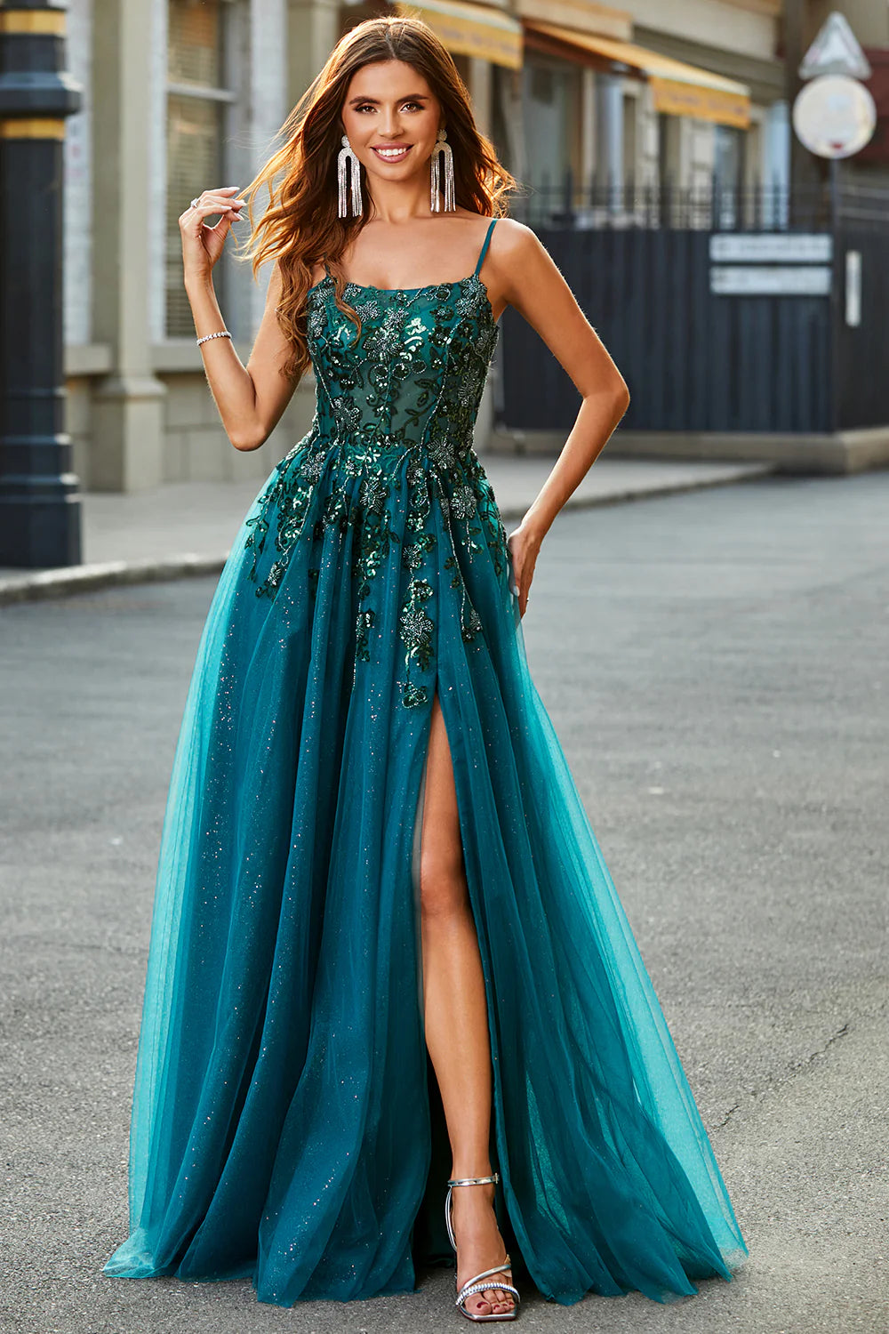 Dark Green A Line Spaghetti Straps Tulle Long Appliqued Prom Dress With Slit