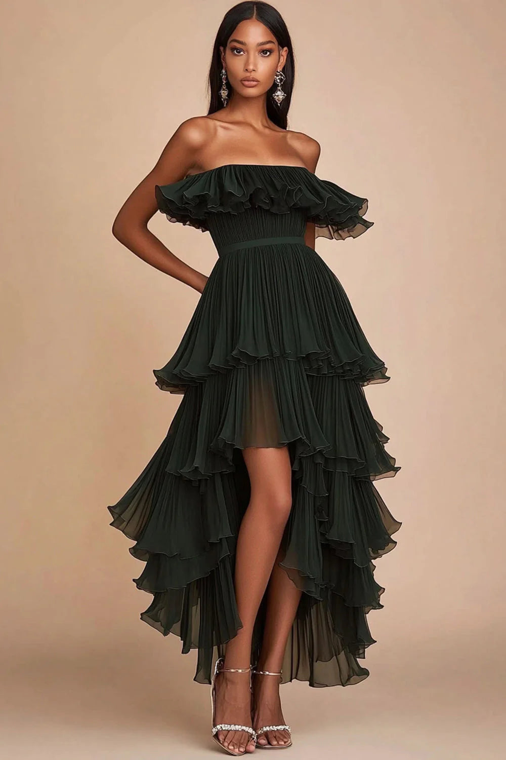 Dark Green A Line Strapless Tiered High-Low Formal Dress