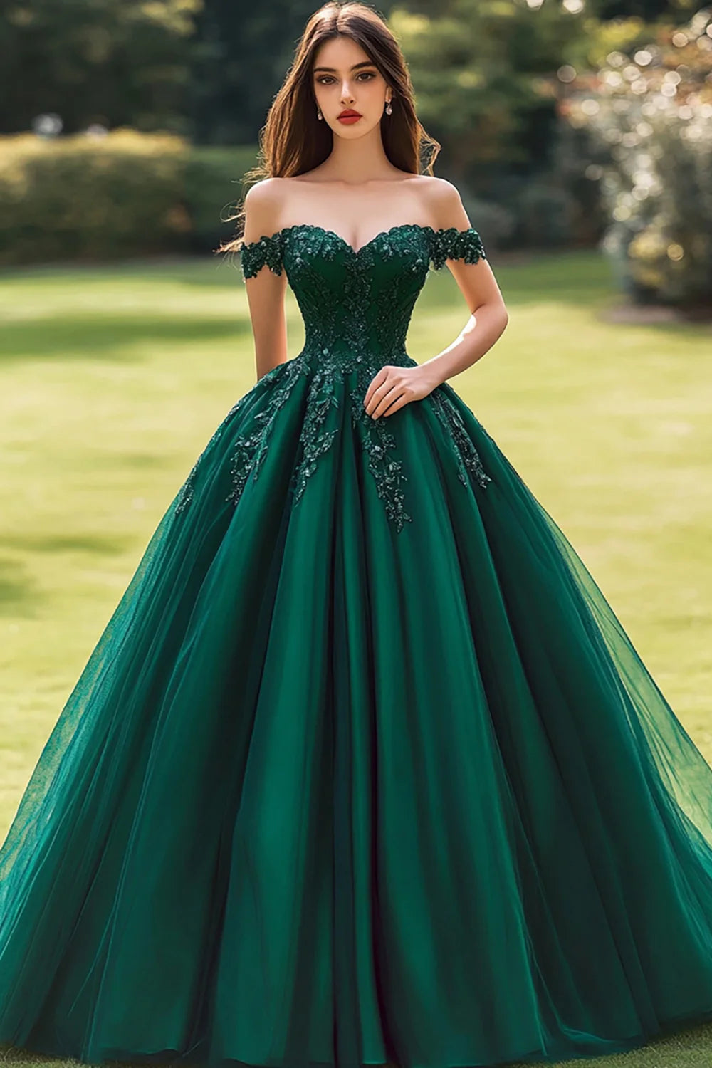 Dark Green Ball Gown Long Princess Quinceanera Dress with Appliques