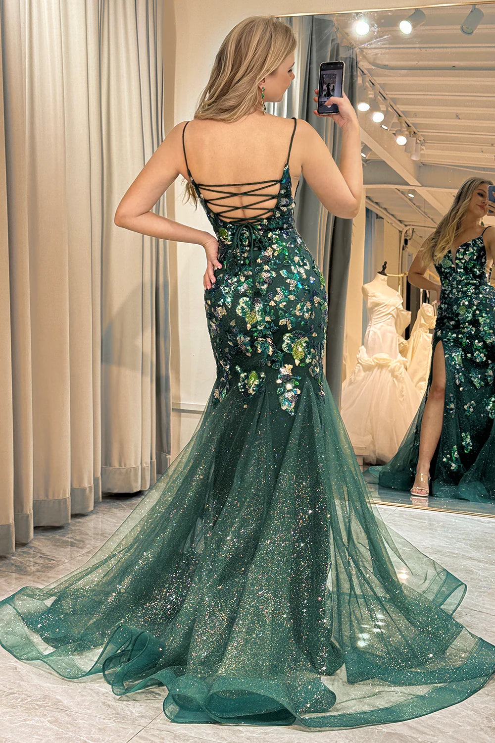 Dark Green Mermaid Butterflies Appliques Lace-Up Back Prom Dress with Slit