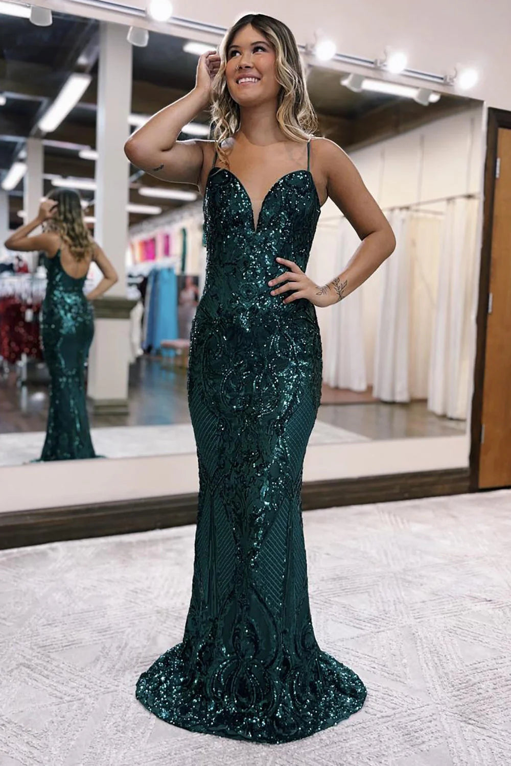 Glitter Sequin Dark Green Mermaid Spaghetti Straps Long Full Of Charm Prom Dress