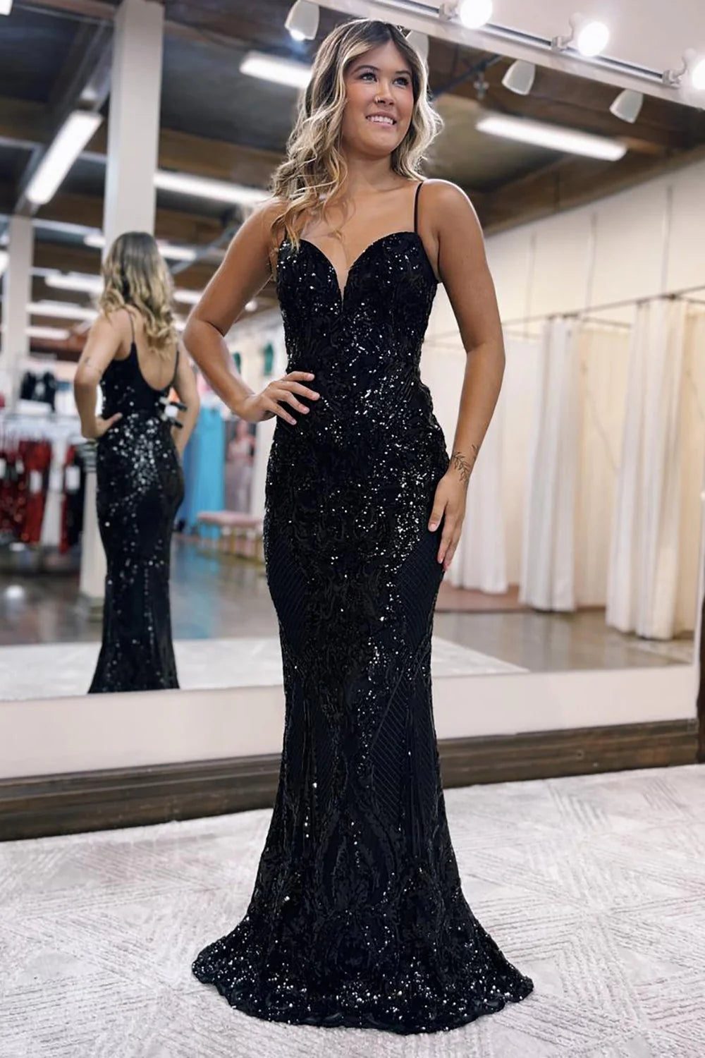 Glitter Sequin Dark Green Mermaid Spaghetti Straps Long Full Of Charm Prom Dress