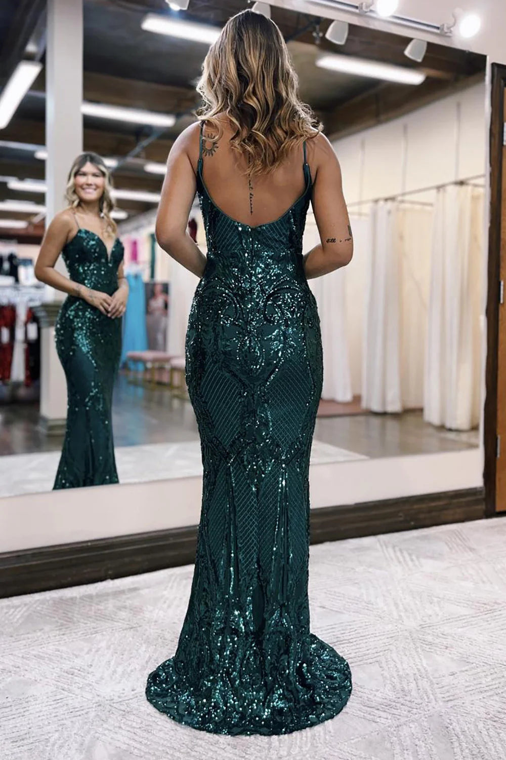 Glitter Sequin Dark Green Mermaid Spaghetti Straps Long Full Of Charm Prom Dress