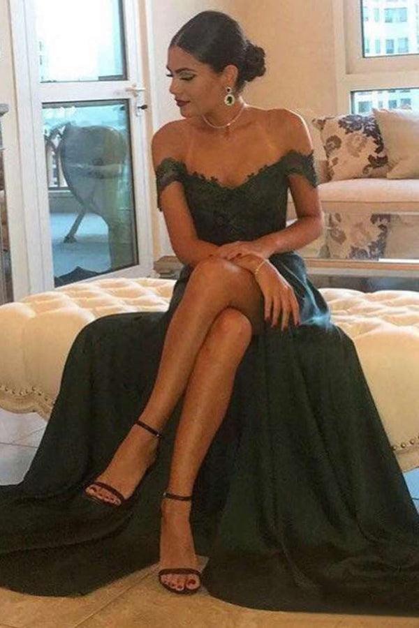 Dark Green Prom Dresses Off-the-shoulder Split Evening Dresses