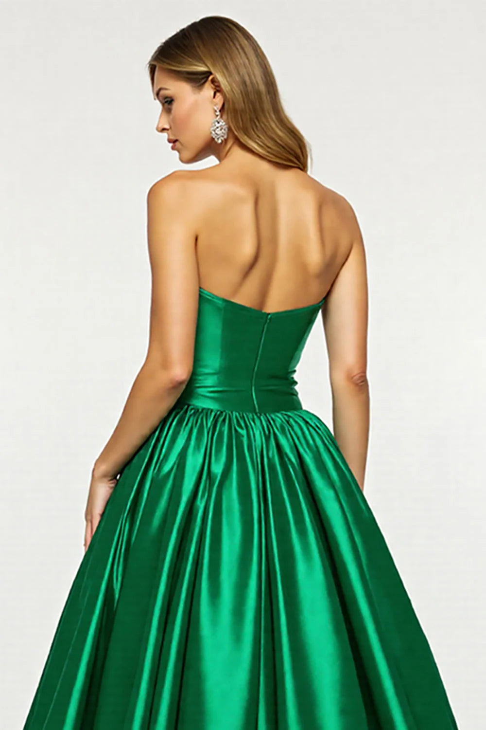 Dark Green Satin A Line Strapless Long Prom Dress with Slit