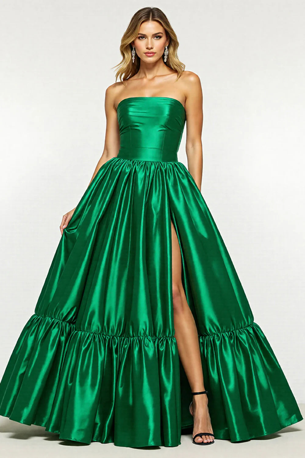 Dark Green Satin A Line Strapless Long Prom Dress with Slit