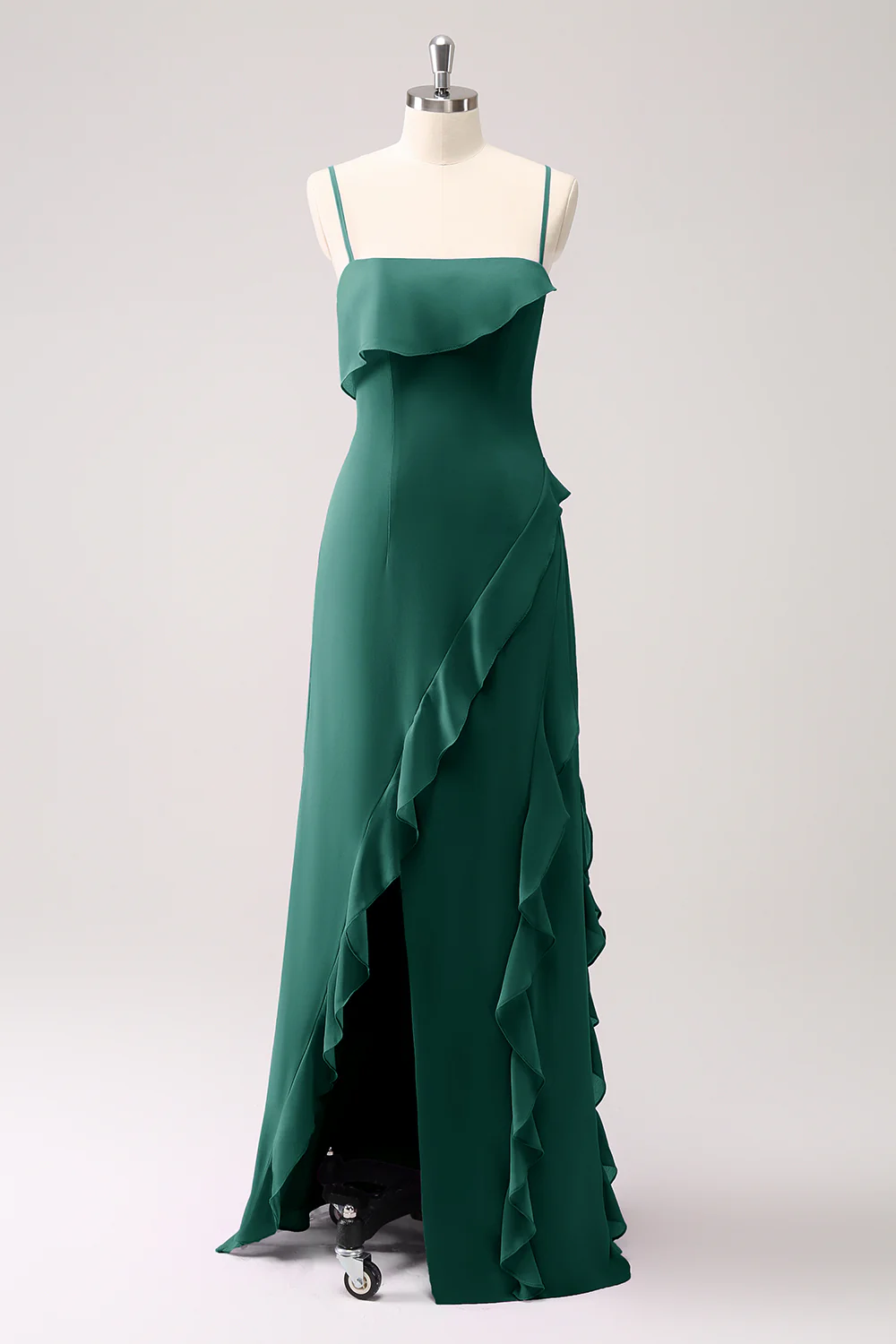 Chic Spaghetti Strap Evening Dress with Ruffle Trim and High Slit Detail