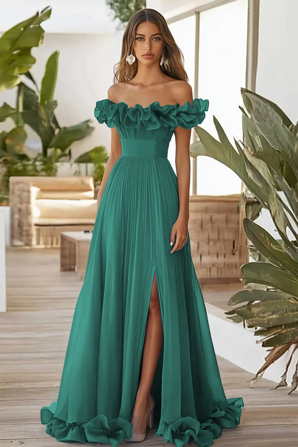 Dark Navy A Line Off the Shoulder Long Formal Dress with Slit