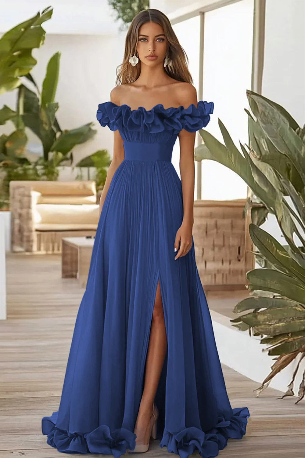 Dark Navy A Line Off the Shoulder Long Formal Dress with Slit