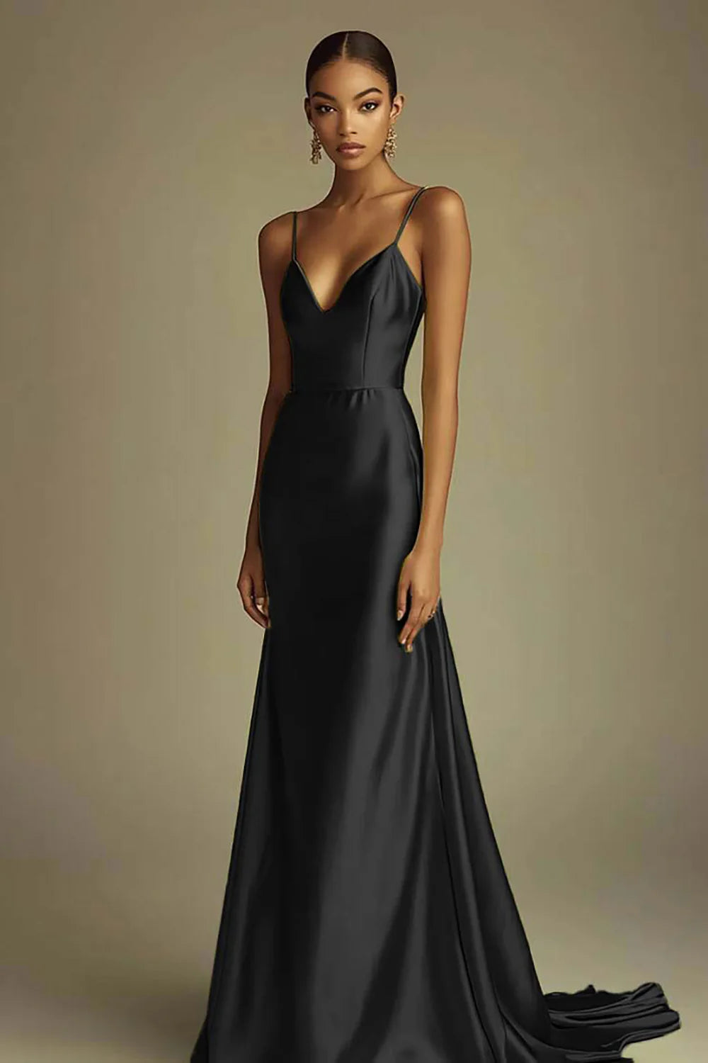 Dark Navy Satin Sheath Spaghetti Straps V-Neck Long Prom Dress