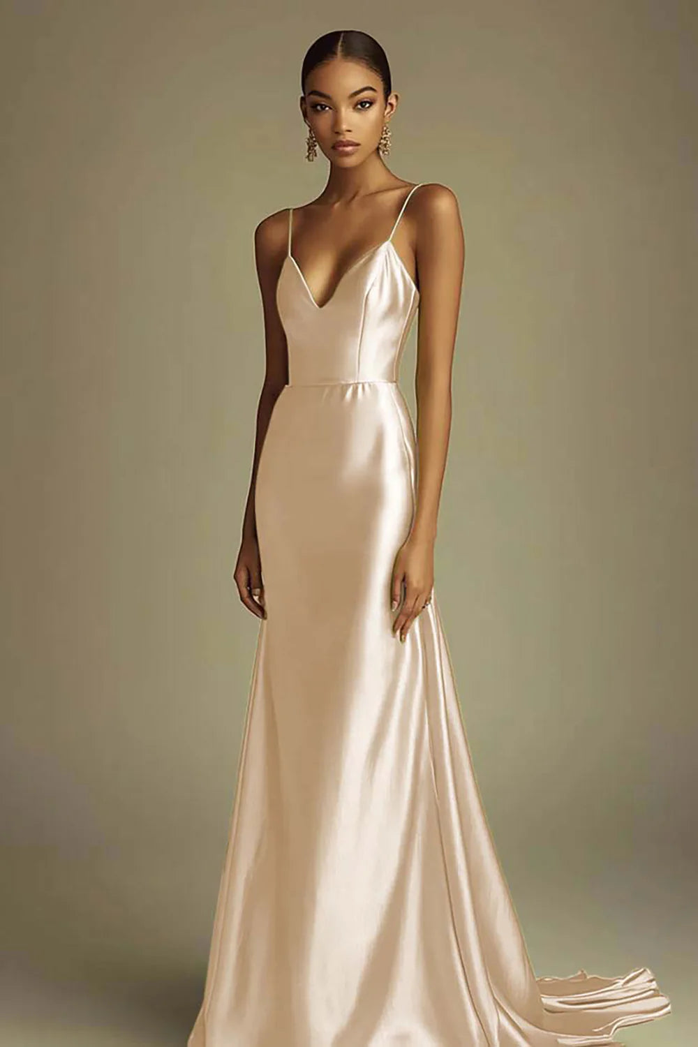 Dark Navy Satin Sheath Spaghetti Straps V-Neck Long Prom Dress