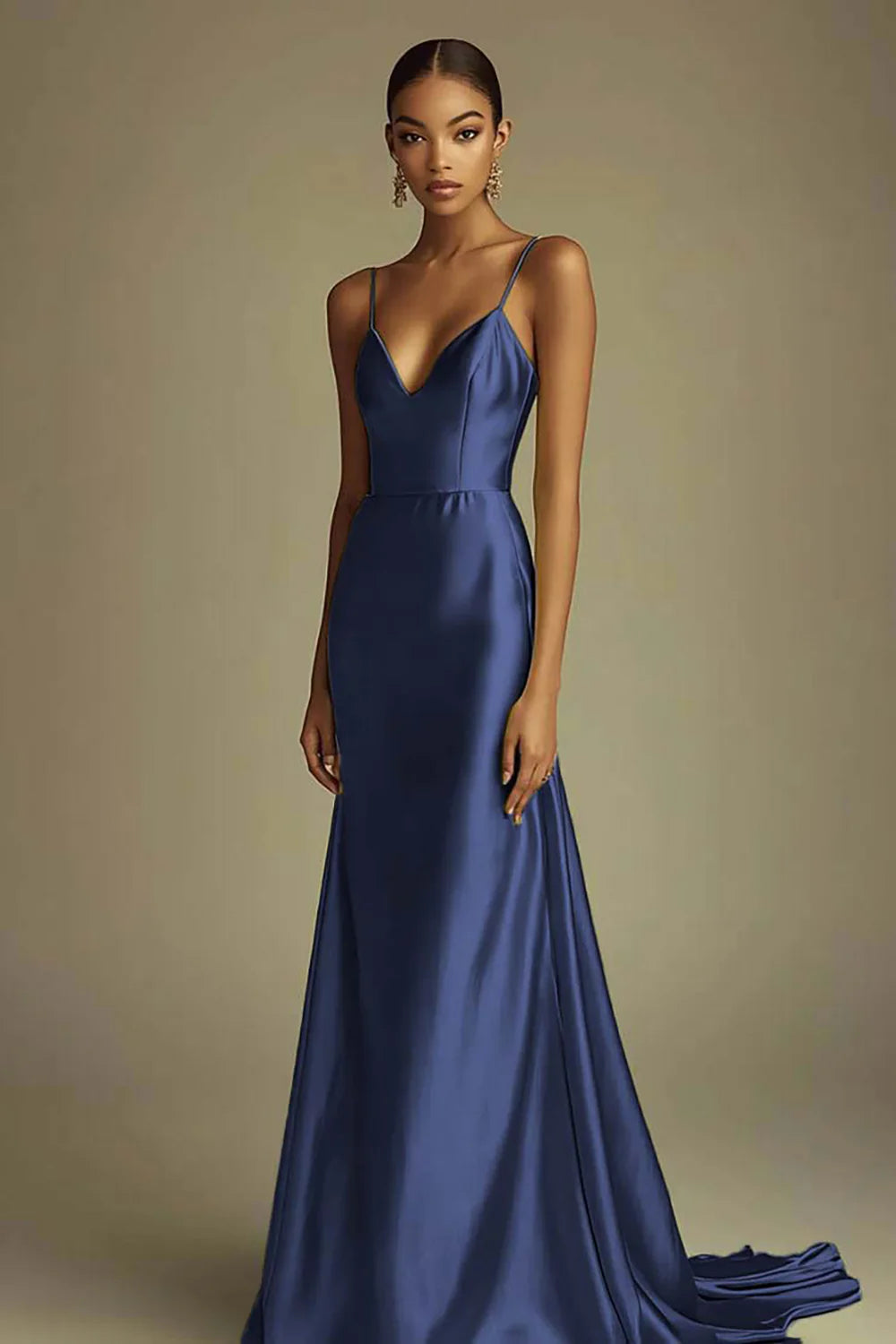 Dark Navy Satin Sheath Spaghetti Straps V-Neck Long Prom Dress