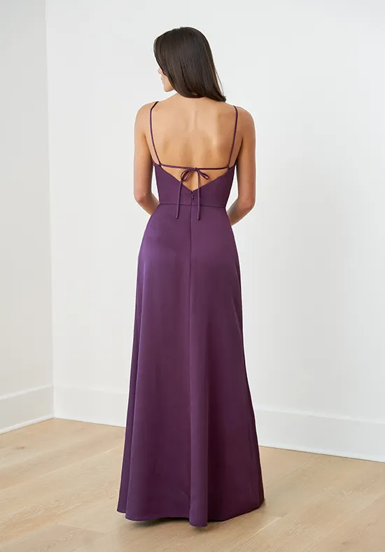 Dark Purple Satin Thin Spaghetti Strap Cowl Neck Tie Back High Slit Floor Length Bridesmaid Dresses