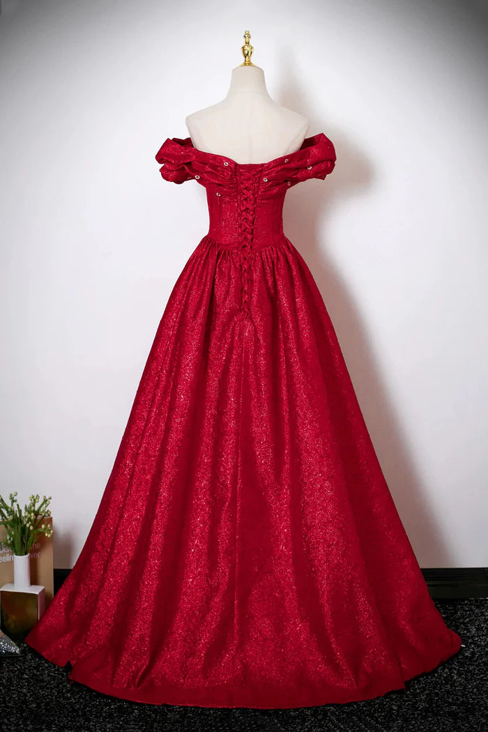 Dark Red Satin Long Prom Dress, A-Line Off the Shoulder Formal Evening Dress