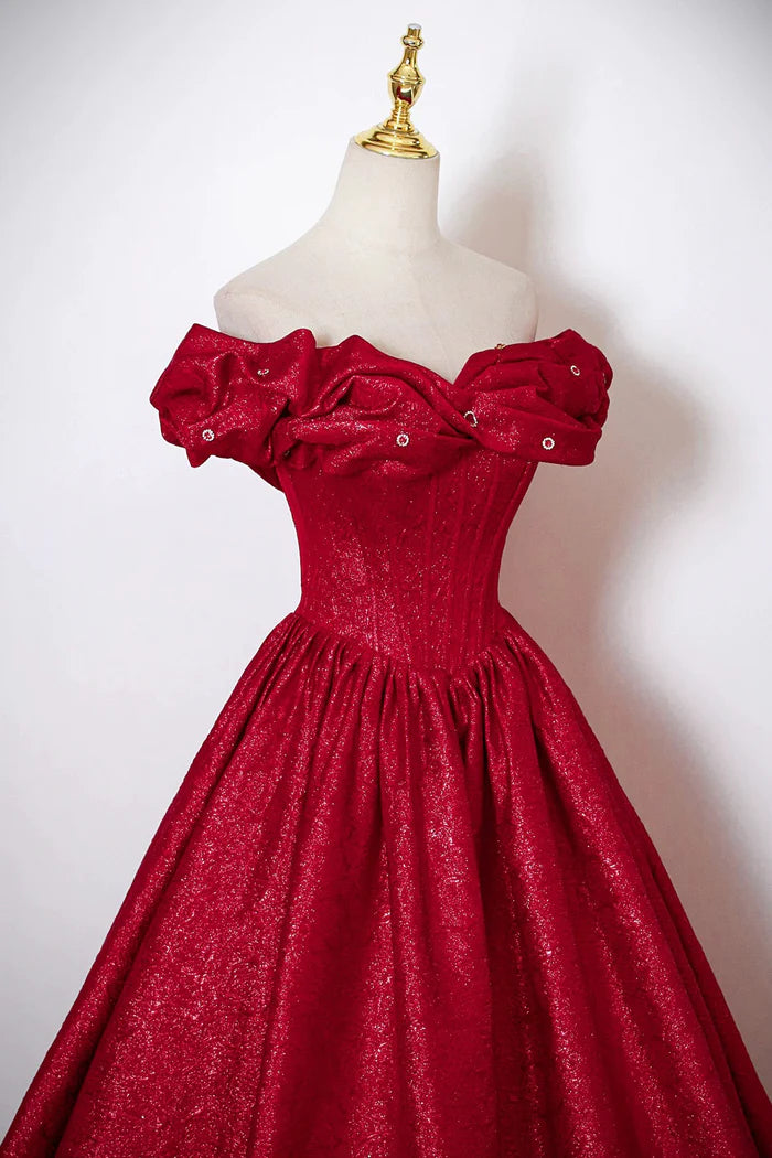 Dark Red Satin Long Prom Dress, A-Line Off the Shoulder Formal Evening Dress