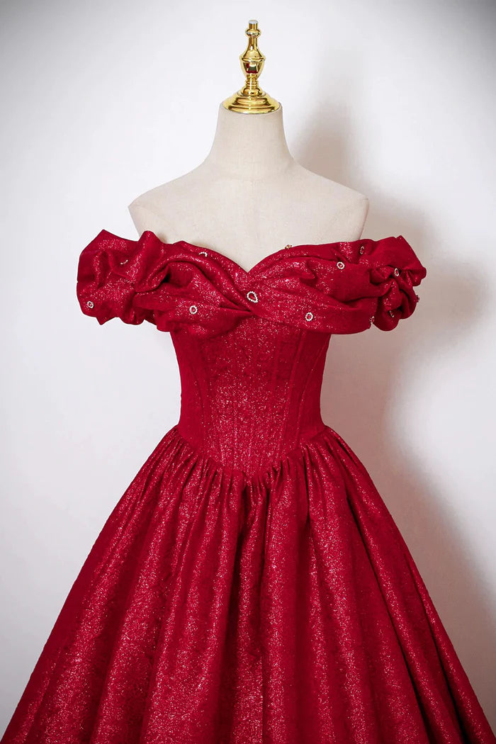Dark Red Satin Long Prom Dress, A-Line Off the Shoulder Formal Evening Dress