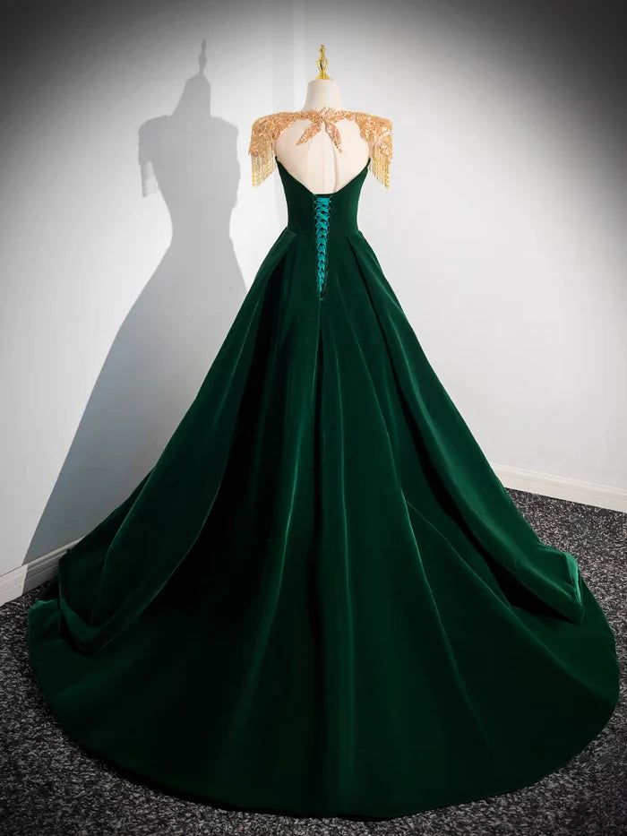 Dark Green Velvet Prom Dress Vintage Gold Beaded Neckline Evening Gown