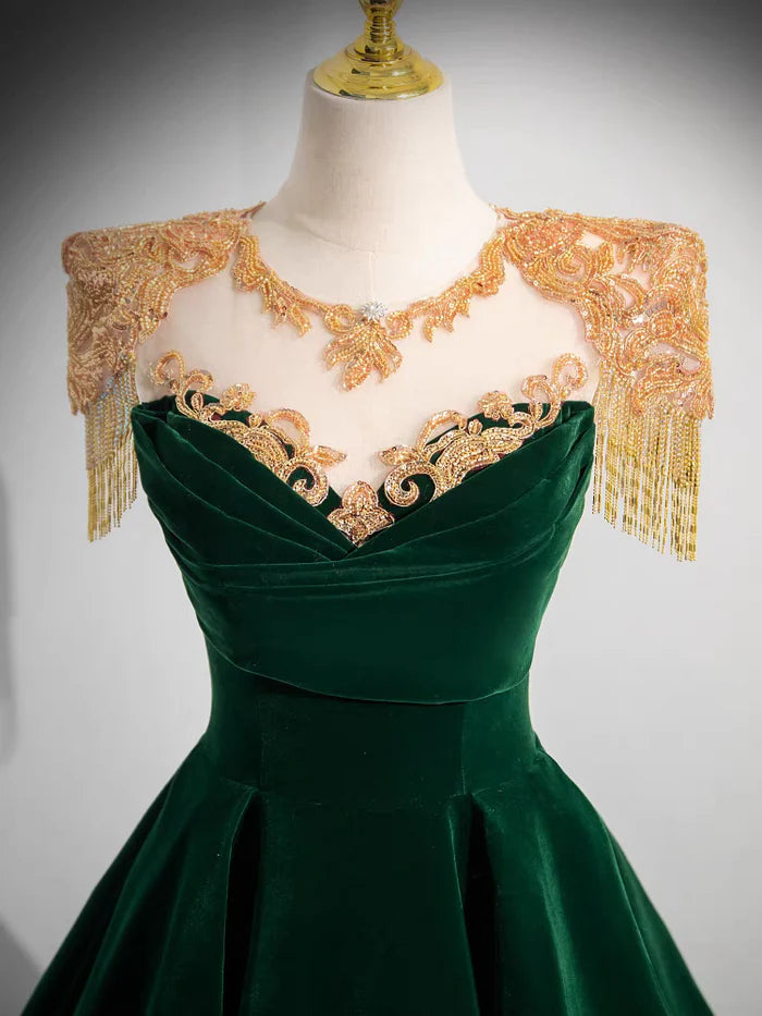 Dark Green Velvet Prom Dress Vintage Gold Beaded Neckline Evening Gown
