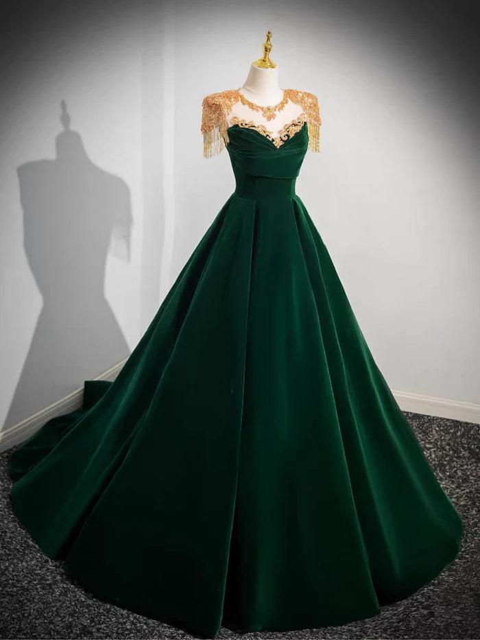 Dark Green Velvet Prom Dress Vintage Gold Beaded Neckline Evening Gown