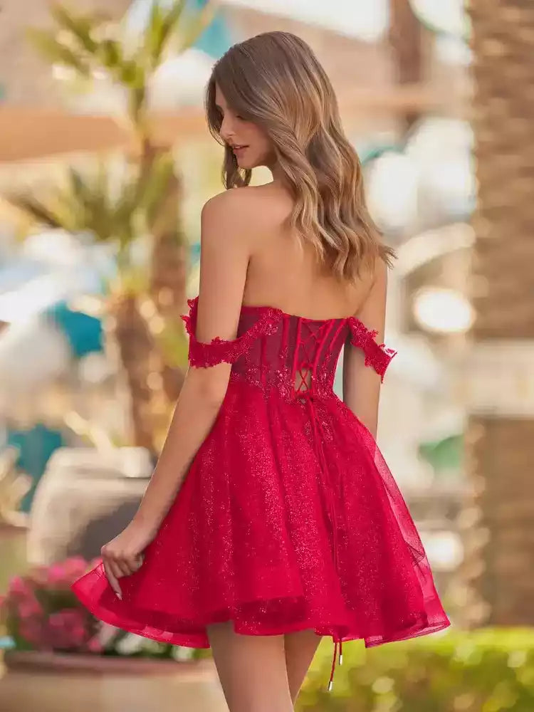 Dazzling A-line chiffon short off shoulder neckline sleeveless tight corset, sequined lace up back Homecoming Dresses